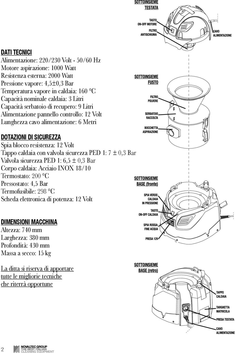 caldaia con valvola sicurezza PED 1: 7 ± 0,3 Bar Valvola sicurezza PED 1: 6,5 ± 0,3 Bar Corpo caldaia: Acciaio INOX 18/10 Termostato: 200 C Pressostato: 4,5 Bar Termofusibile: 298 C Scheda