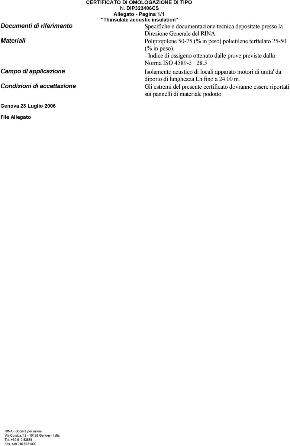 Polipropilene 50-75 (% in peso) polietilene terftelato 25-50 (% in peso). - Indice di ossigeno ottenuto dalle prove previste dalla Norma ISO 4589-3 : 28.