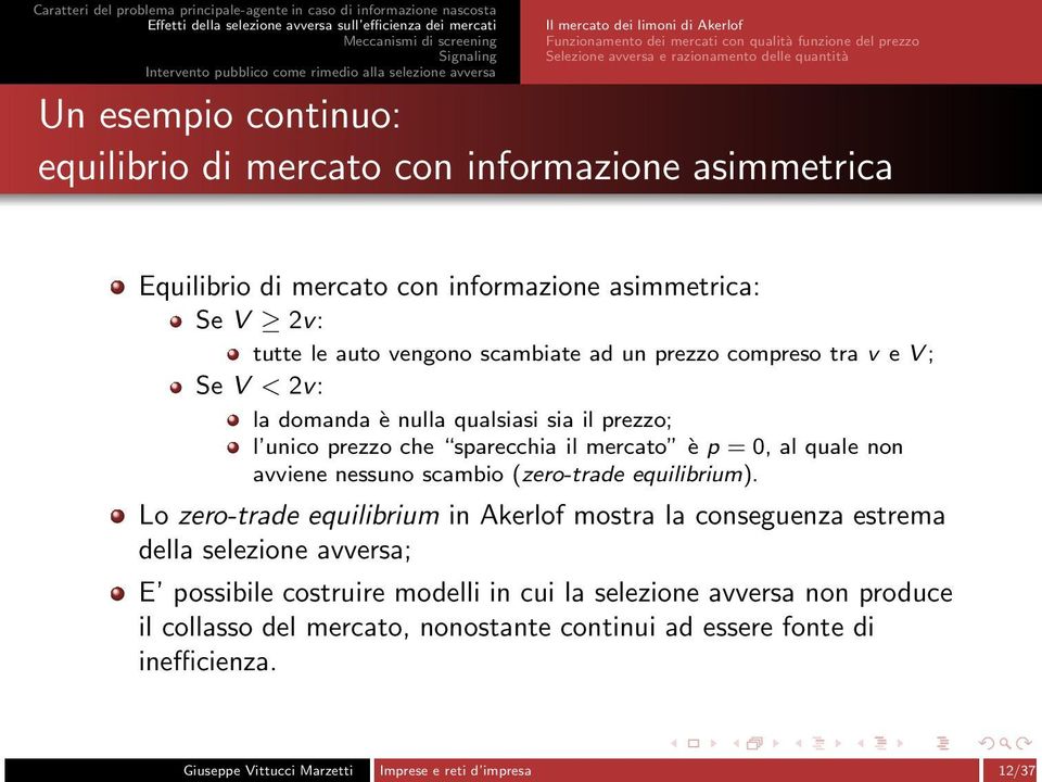 unico prezzo che sparecchia il mercato è p = 0, al quale non avviene nessuno scambio (zero-trade equilibrium).