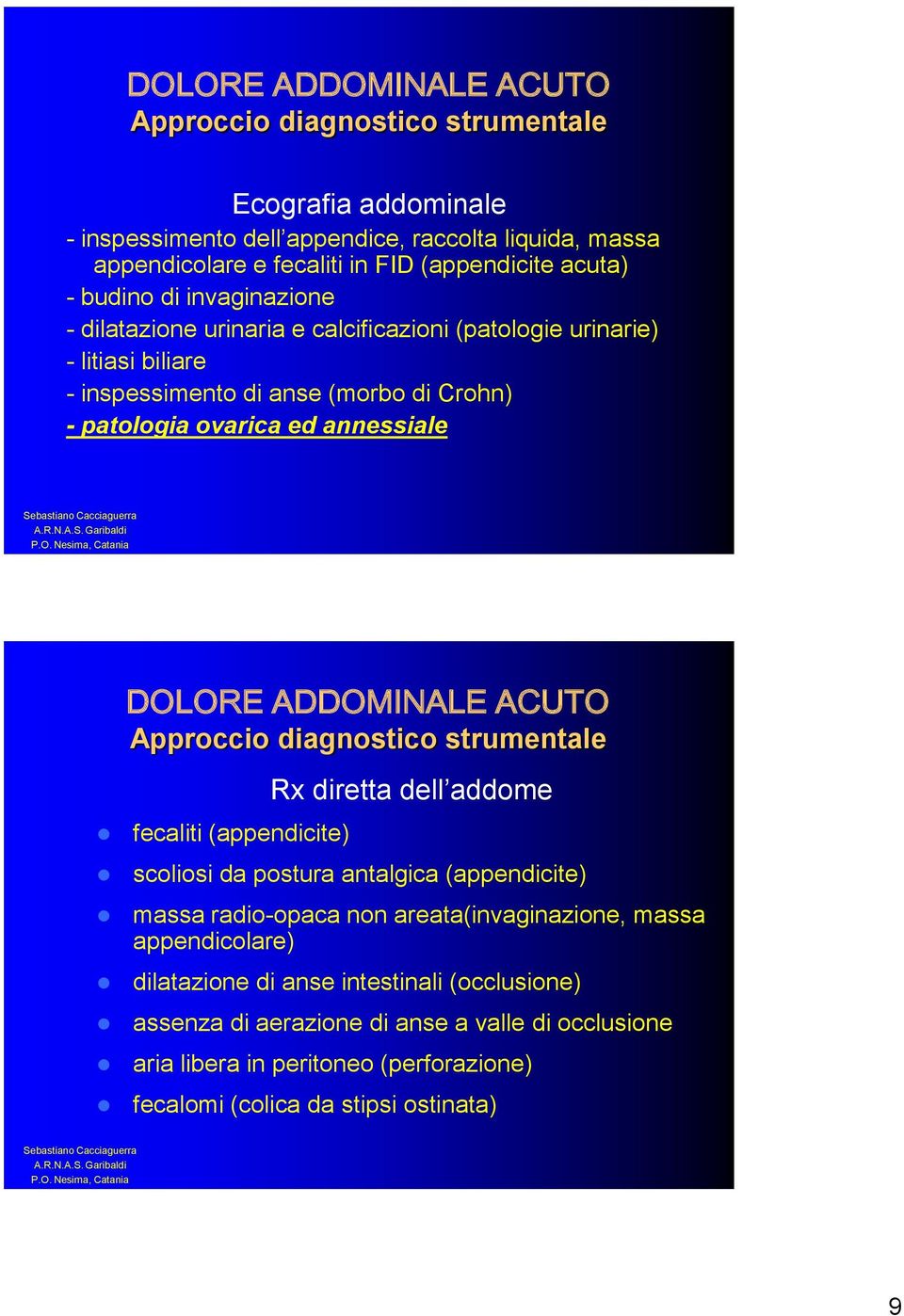 ADDOMINALE ACUTO Approccio diagnostico strumentale fecaliti (appendicite) Rx diretta dell addome scoliosi da postura antalgica (appendicite) massa radio-opaca non areata(invaginazione,