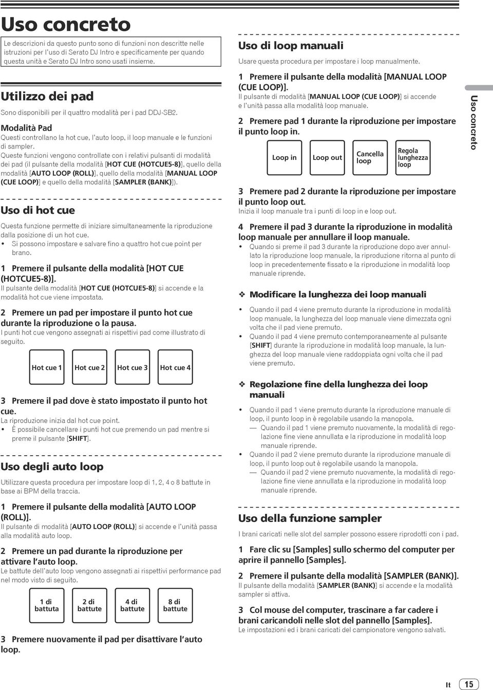 Queste funzioni vengono controllate con i relativi pulsanti di modalità dei pad (il pulsante della modalità [HOT CUE (HOTCUE5-8)], quello della modalità [AUTO LOOP (ROLL)], quello della modalità