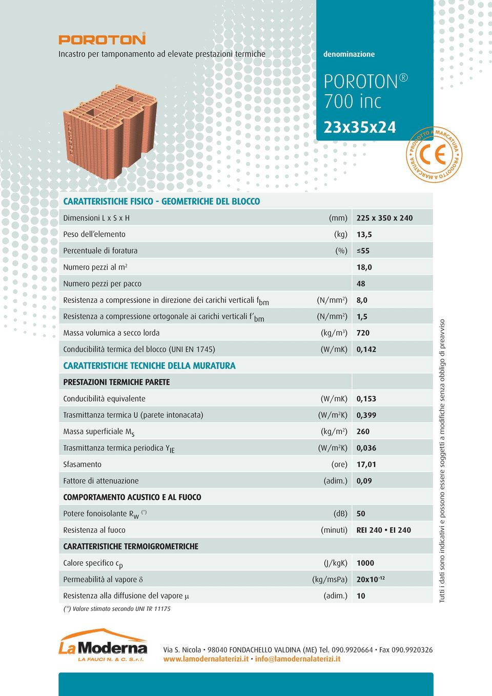 volumica a secco lorda (kg/m 3 ) 720 Conducibilità termica del blocco (UNI EN 1745) (W/mK) 0,142 Conducibilità equivalente (W/mK) 0,153 Trasmittanza termica U (parete intonacata) (W/m 2 K) 0,399