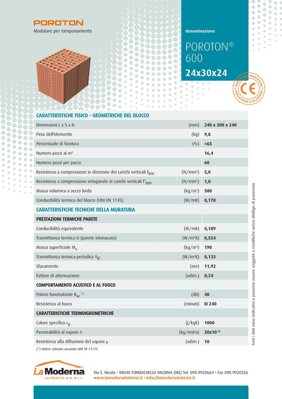 3 ) 580 Conducibilità termica del blocco (UNI EN 1745) (W/mK) 0,170 Conducibilità equivalente (W/mK) 0,189 Trasmittanza termica U (parete intonacata) (W/m 2 K) 0,554 Massa superficiale M s