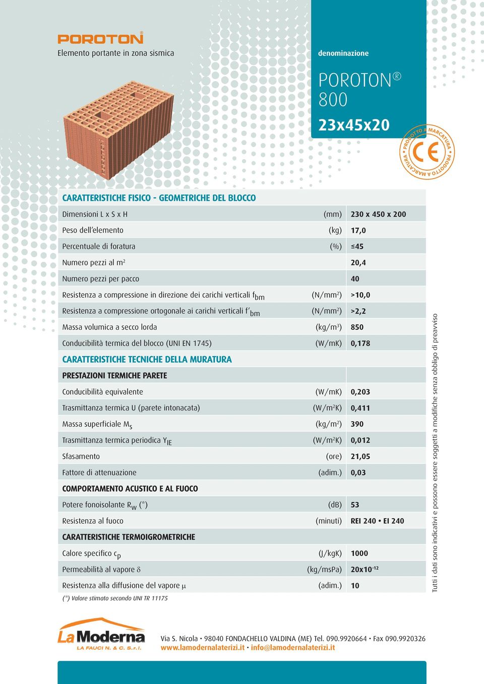 (kg/m 3 ) 850 Conducibilità termica del blocco (UNI EN 1745) (W/mK) 0,178 Conducibilità equivalente (W/mK) 0,203 Trasmittanza termica U (parete intonacata) (W/m 2 K) 0,411 Massa superficiale M s