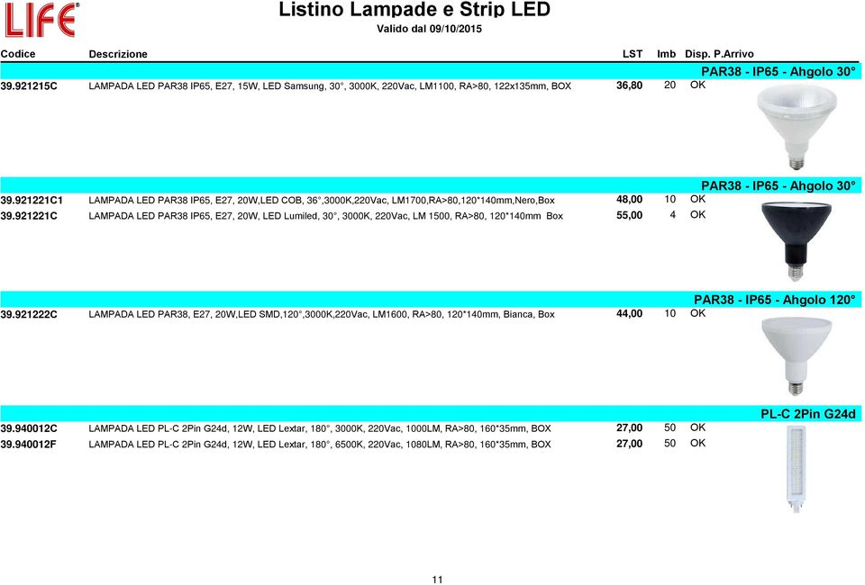 921221C LAMPADA LED PAR38 IP65, E27, 20W, LED Lumiled, 30, 3000K, 220Vac, LM 1500, RA>80, 120*140mm Box 55,00 4 OK PAR38 - IP65 - Ahgolo 30 39.