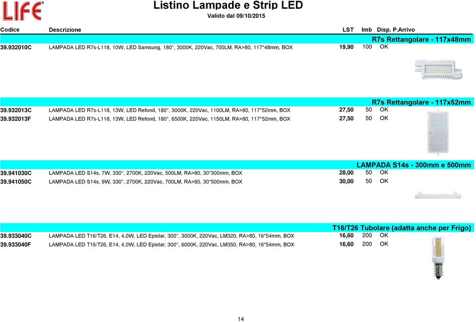 932013F LAMPADA LED R7s-L118, 13W, LED Refond, 180, 6500K, 220Vac, 1150LM, RA>80, 117*52mm, BOX 27,50 50 OK R7s Rettangolare - 117x52mm 39.