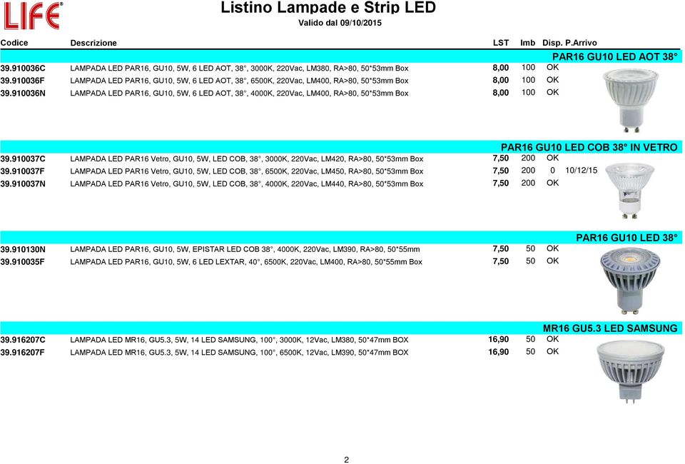 910036N LAMPADA LED PAR16, GU10, 5W, 6 LED AOT, 38, 4000K, 220Vac, LM400, RA>80, 50*53mm Box 8,00 100 OK PAR16 GU10 LED AOT 38 PAR16 GU10 LED COB 38 IN VETRO 39.