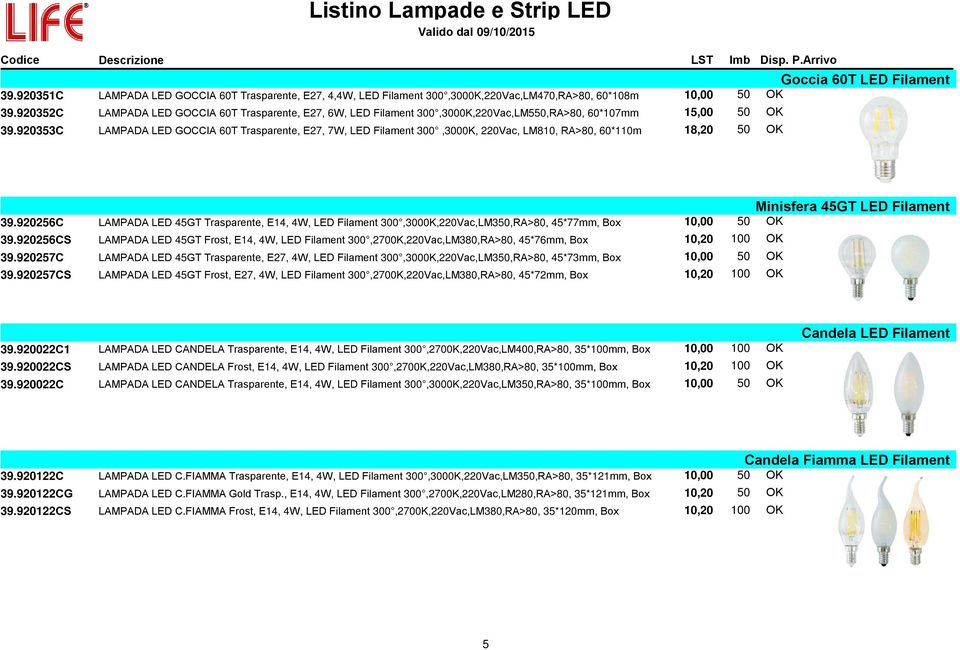 920353C LAMPADA LED GOCCIA 60T Trasparente, E27, 7W, LED Filament 300,3000K, 220Vac, LM810, RA>80, 60*110m 18,20 50 OK Goccia 60T LED Filament 39.