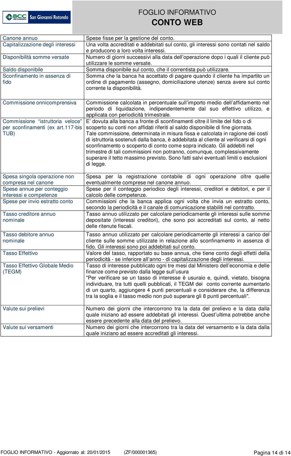 Numero di giorni successivi alla data dell operazione dopo i quali il cliente può utilizzare le somme versate. Somma disponibile sul conto, che il correntista può utilizzare.