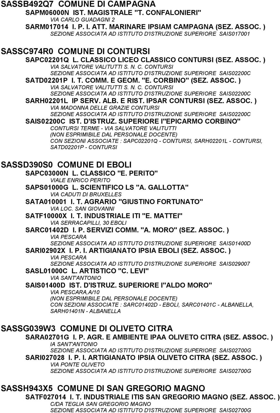 T. COMM. E GEOM. "E. CORBINO" (SEZ. ASSOC. ) VIA SALVATORE VALITUTTI S. N. C. CONTURSI SEZIONE ASSOCIATA AD ISTITUTO D'ISTRUZIONE SUPERIORE SAIS02200C SARH02201L IP SERV. ALB. E RIST.