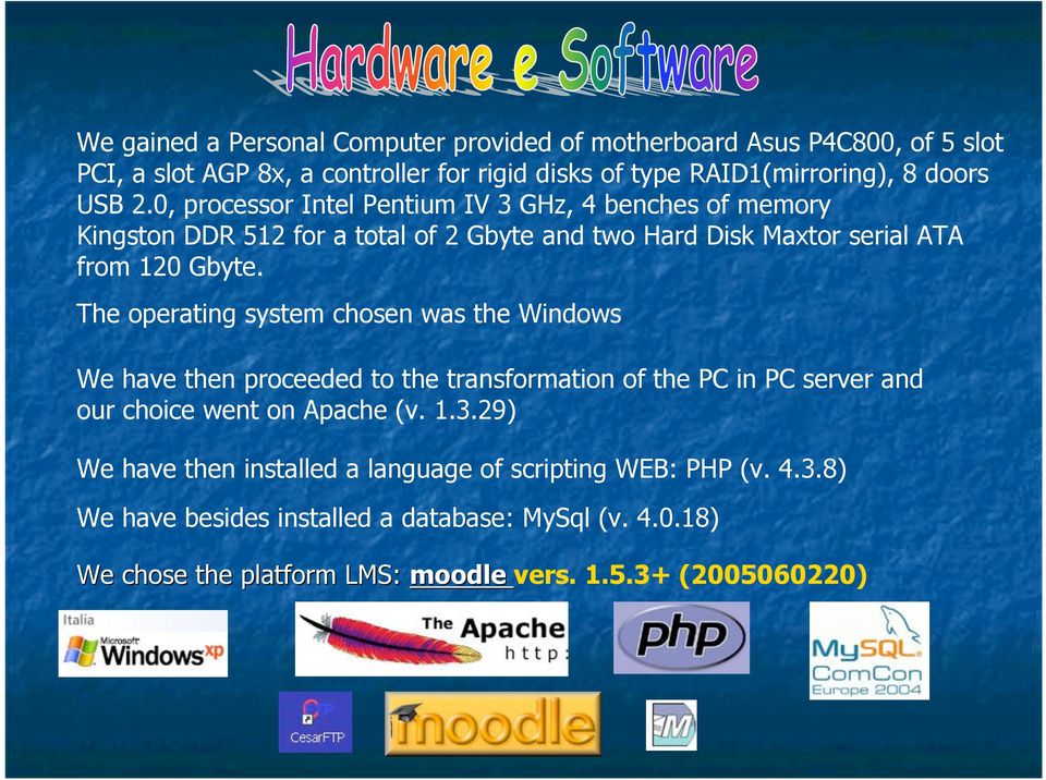 The operating system chosen was the Windows We have then proceeded to the transformation of the PC in PC server and our choice went on Apache (v. 1.3.