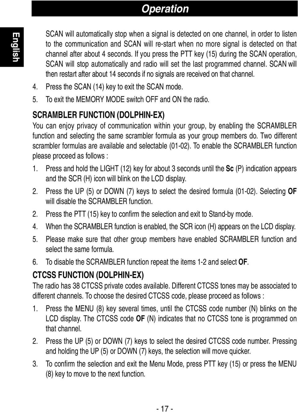 SCAN will then restart after about 14 seconds if no signals are received on that channel. 4. Press the SCAN (14) key to exit the SCAN mode. 5. To exit the MEMORY MODE switch OFF and ON the radio.