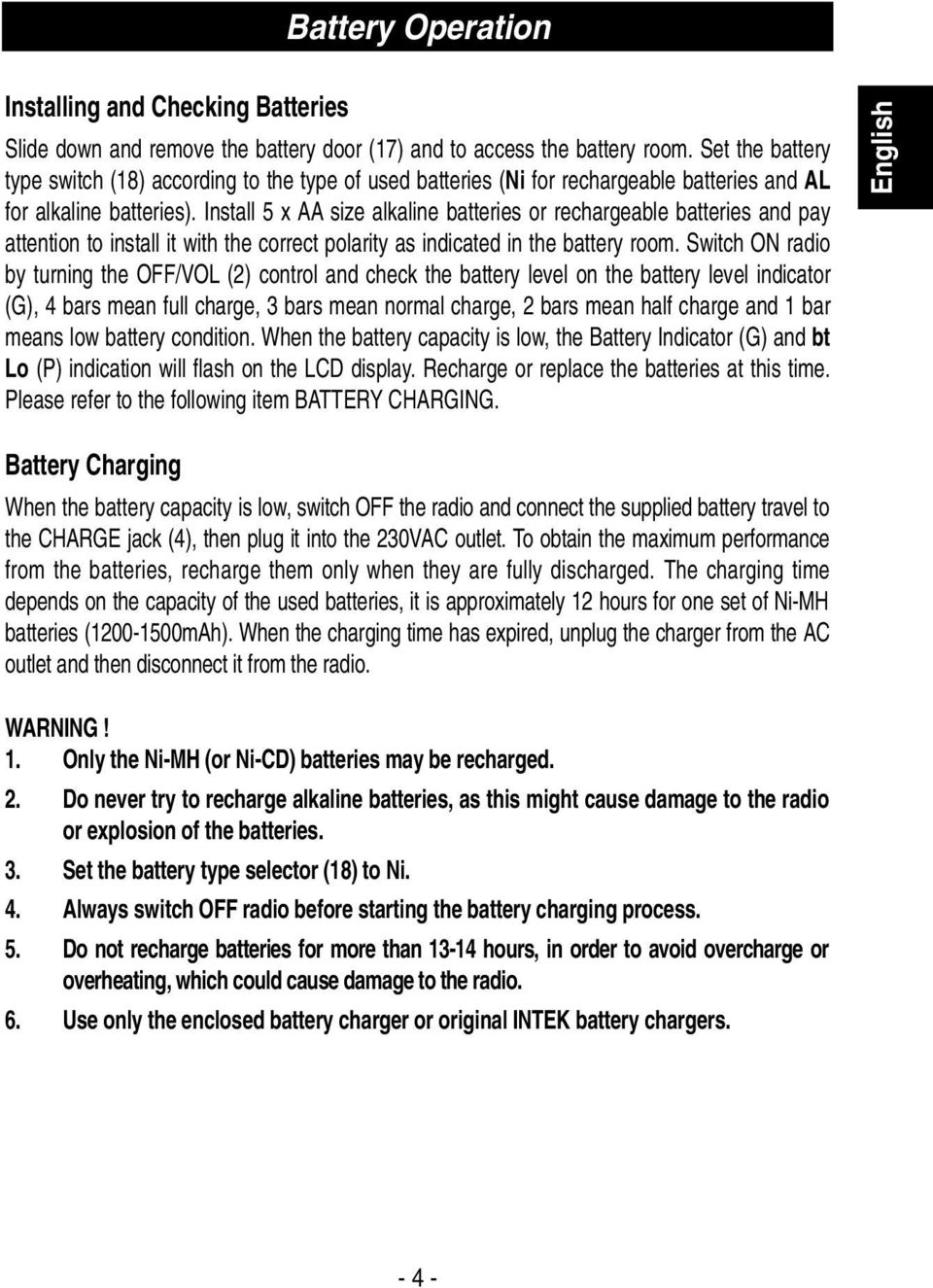 Install 5 x AA size alkaline batteries or rechargeable batteries and pay attention to install it with the correct polarity as indicated in the battery room.