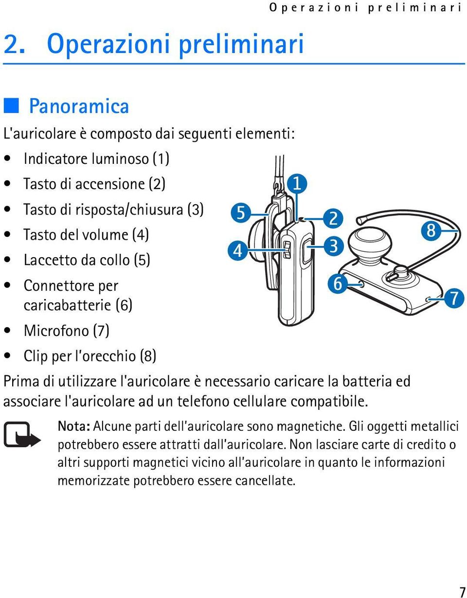 necessario caricare la batteria ed associare l'auricolare ad un telefono cellulare compatibile. Nota: Alcune parti dell auricolare sono magnetiche.