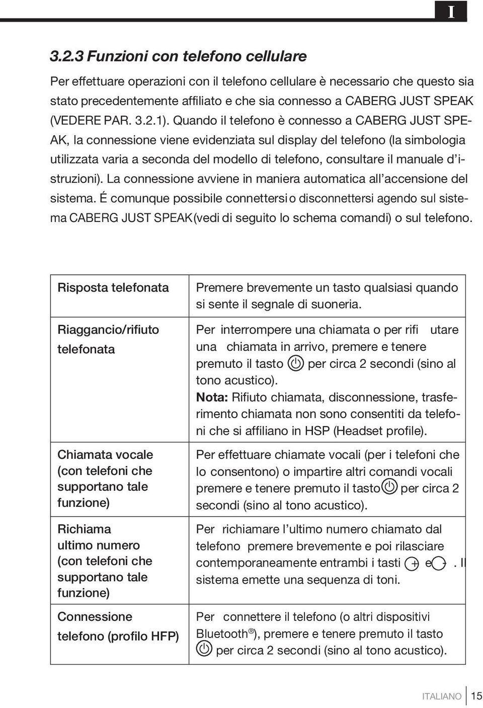 Quando il telefono è connesso a CABERG JUST SPE- AK, la connessione viene evidenziata sul display del telefono (la simbologia utilizzata varia a seconda del modello di telefono, consultare il manuale