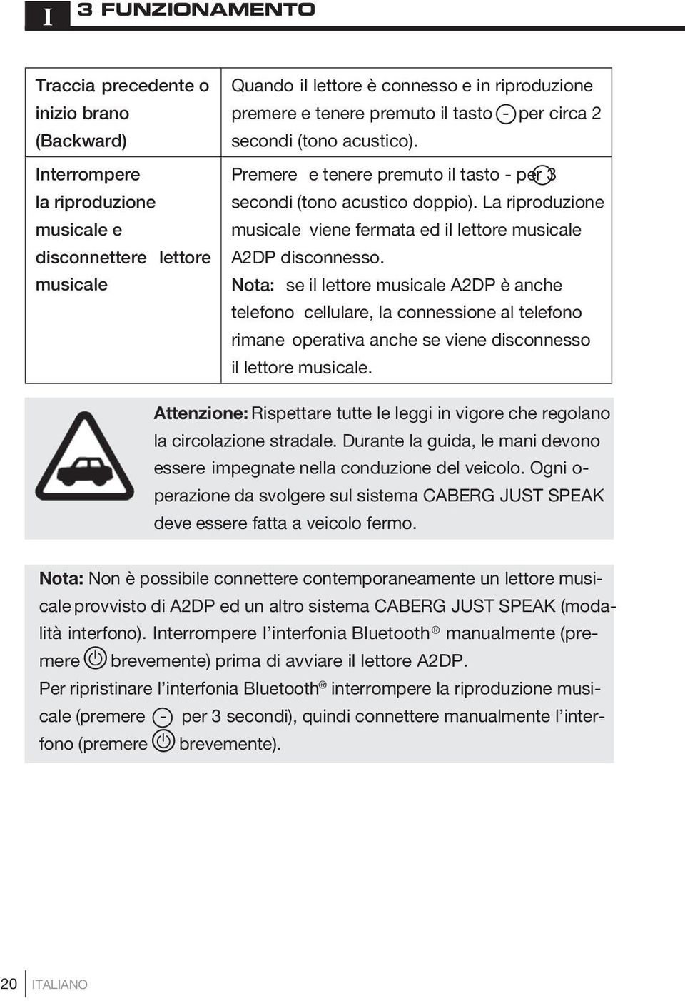 La riproduzione musicale viene fermata ed il lettore musicale A2DP disconnesso.