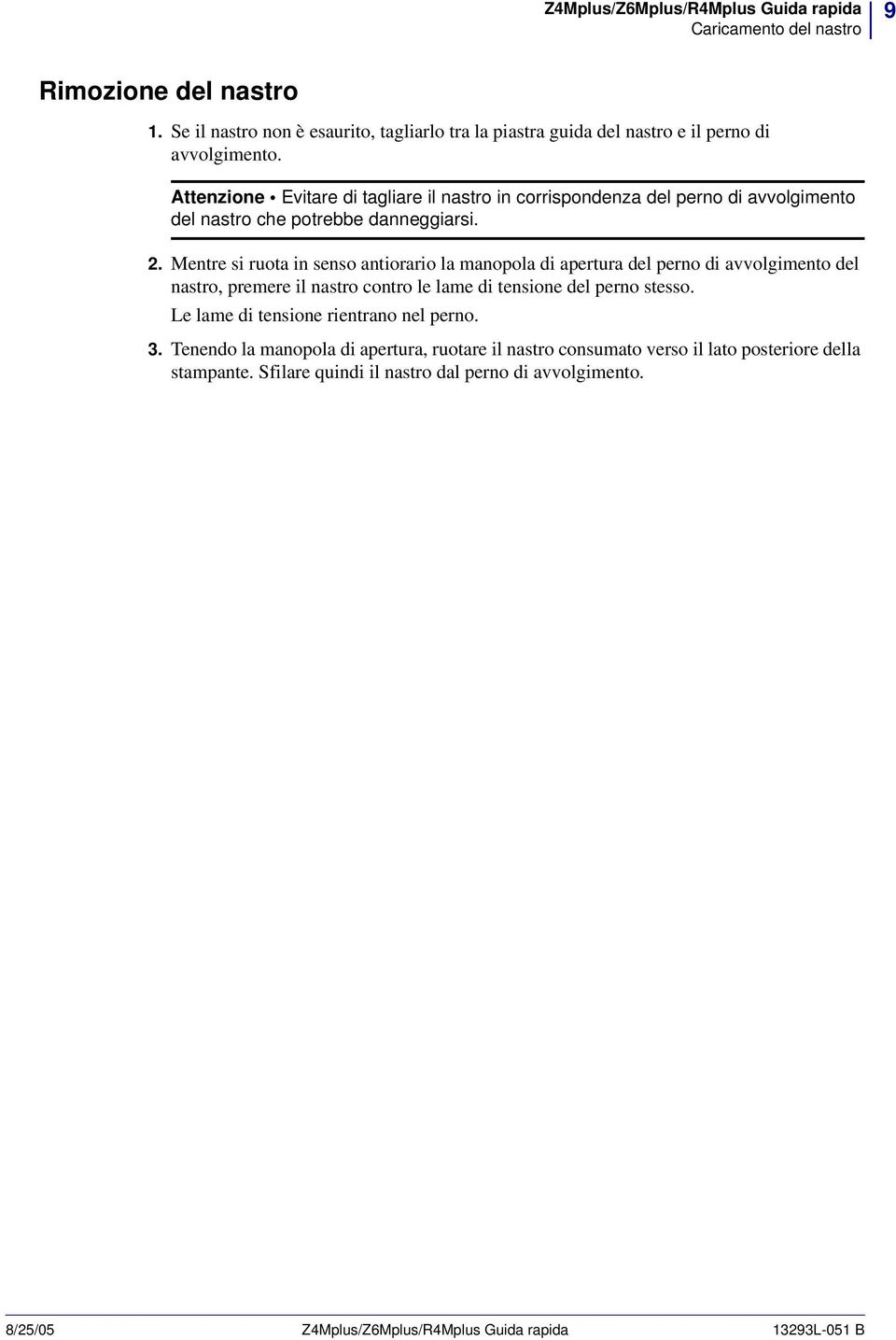 Attenzione Evitare di tagliare il nastro in corrispondenza del perno di avvolgimento del nastro che potrebbe danneggiarsi. 2.