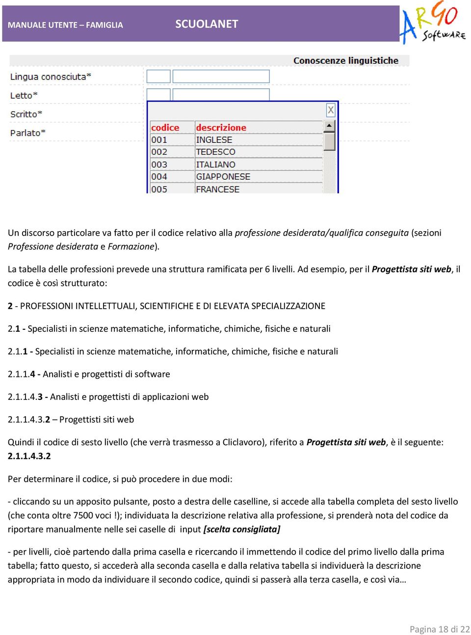 Ad esempio, per il Progettista siti web, il codice è così strutturato: 2 - PROFESSIONI INTELLETTUALI, SCIENTIFICHE E DI ELEVATA SPECIALIZZAZIONE 2.