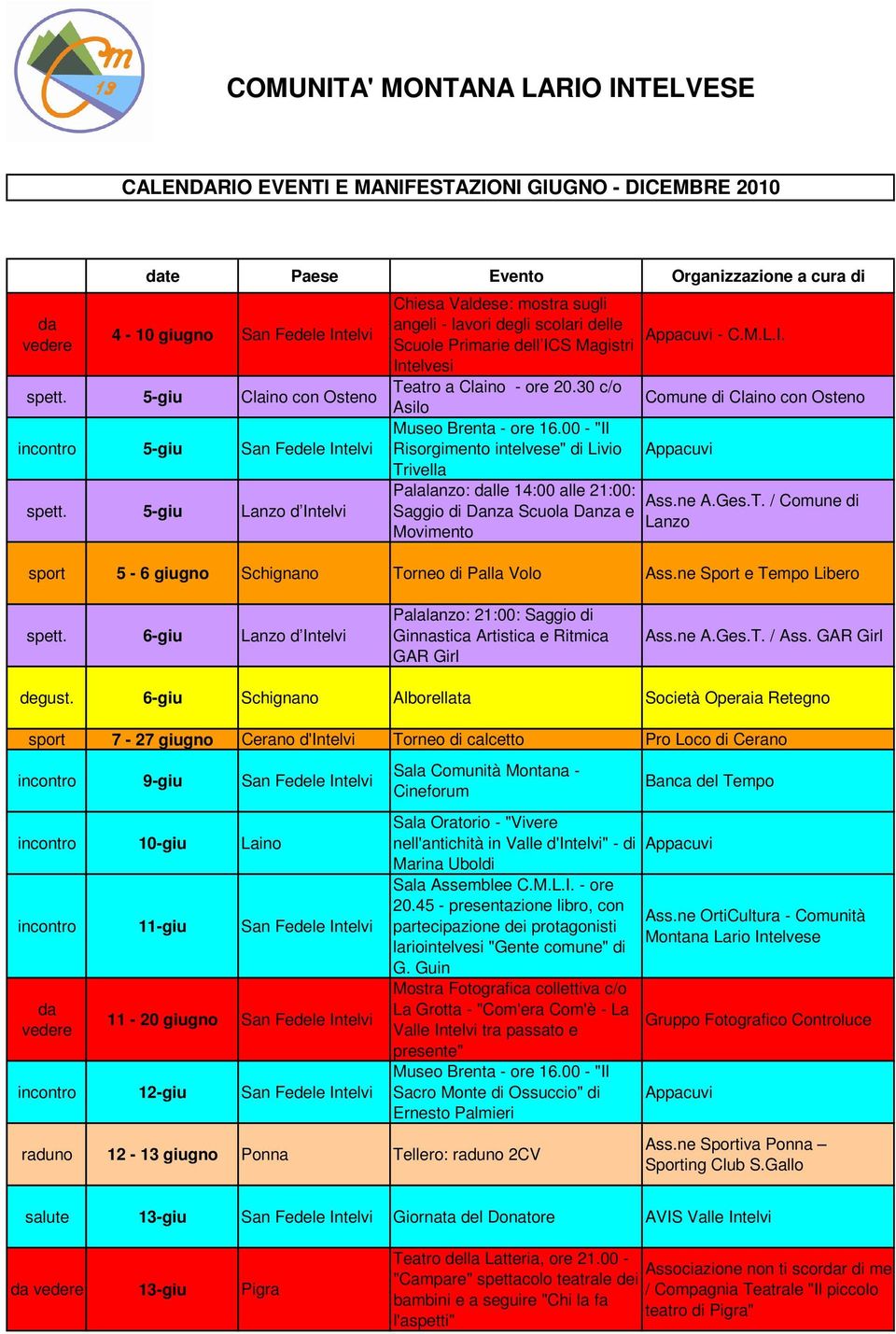 00 - "Il Risorgimento intelvese" di Livio Trivella Palalanzo: lle 14:00 alle 21:00: Saggio di Danza Scuola Danza e Movimento Appacuvi - C.M.L.I. Appacuvi Ass.ne A.Ges.T. / Comune di Lanzo sport 5-6 giugno Schignano Torneo di Palla Volo Ass.
