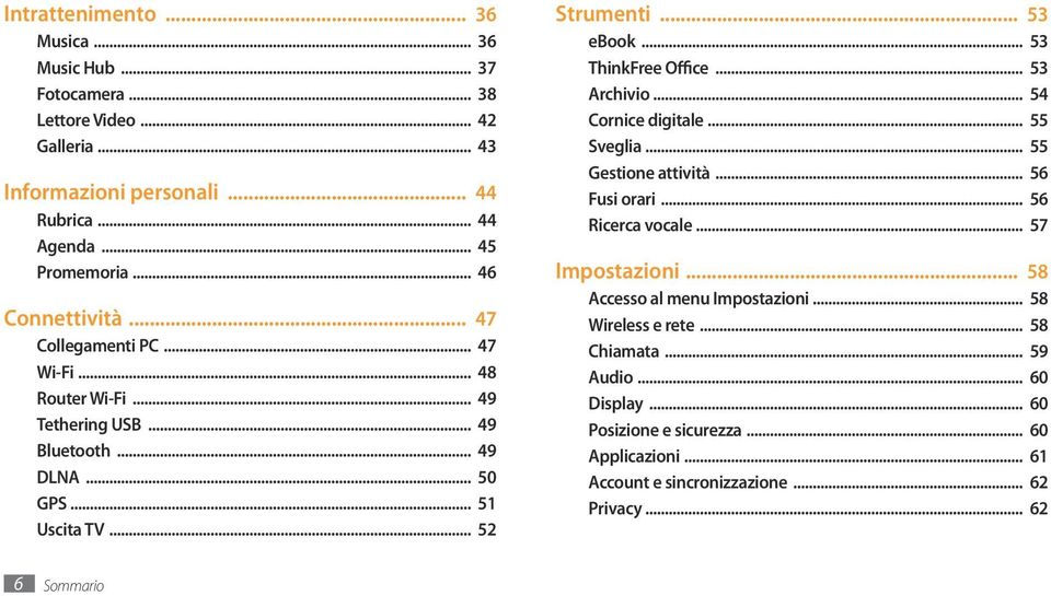 .. 53 ThinkFree Office... 53 Archivio... 54 Cornice digitale... 55 Sveglia... 55 Gestione attività... 56 Fusi orari... 56 Ricerca vocale... 57 Impostazioni.