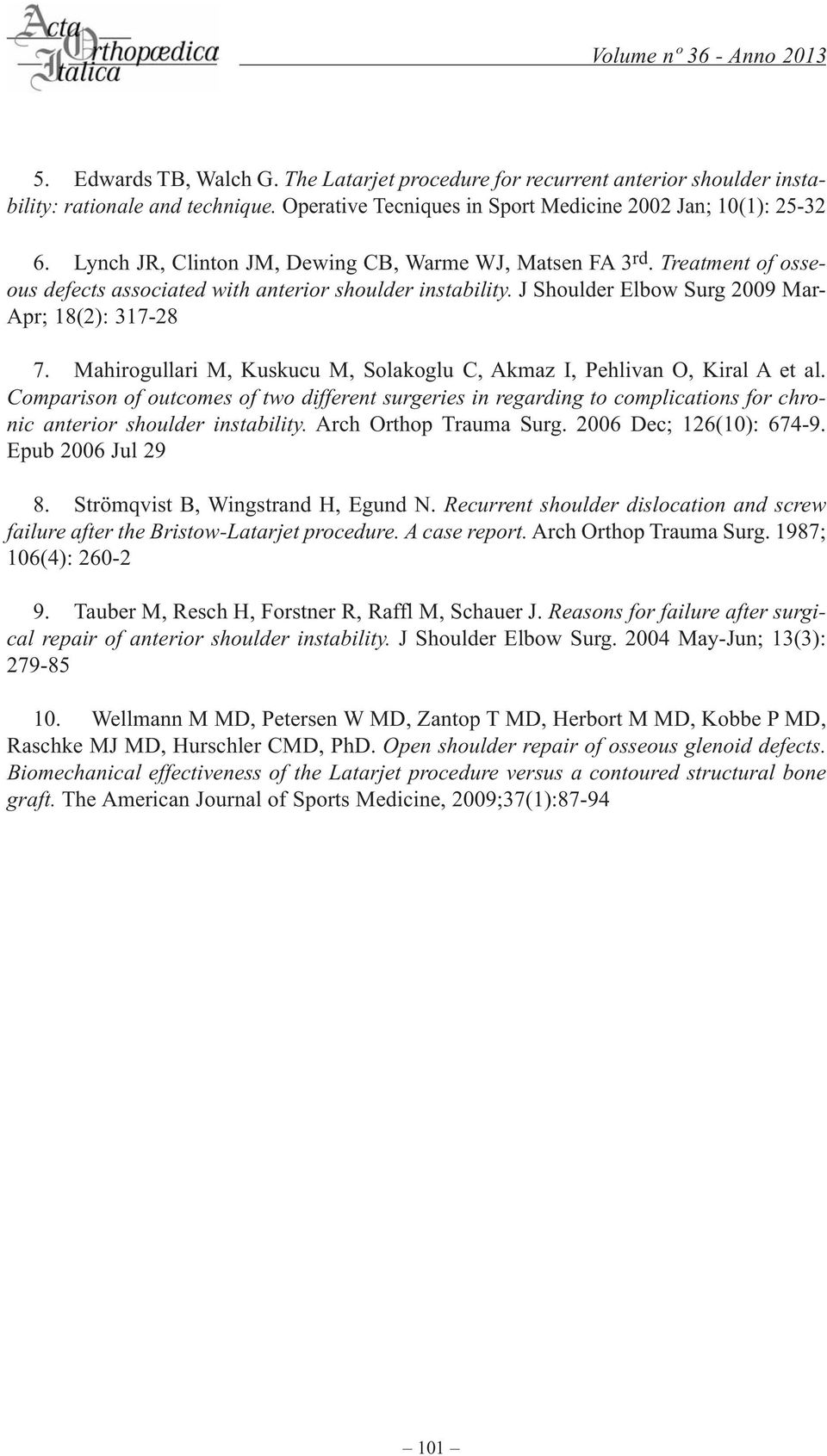 Mahirogullari M, Kuskucu M, Solakoglu C, akmaz I, Pehlivan o, Kiral a et al. Comparison of outcomes of two different surgeries in regarding to complications for chronic anterior shoulder instability.