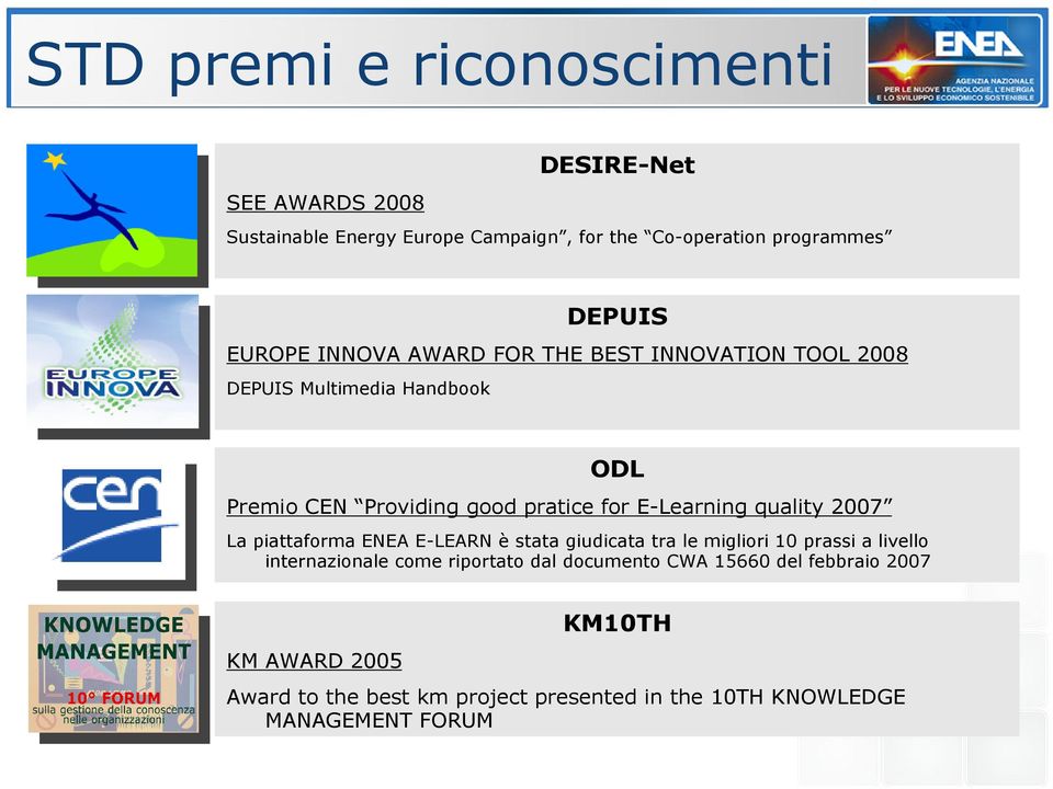 E-Learning quality 2007 La piattaforma ENEA E-LEARN è stata giudicata tra le migliori 10 prassi a livello internazionale come