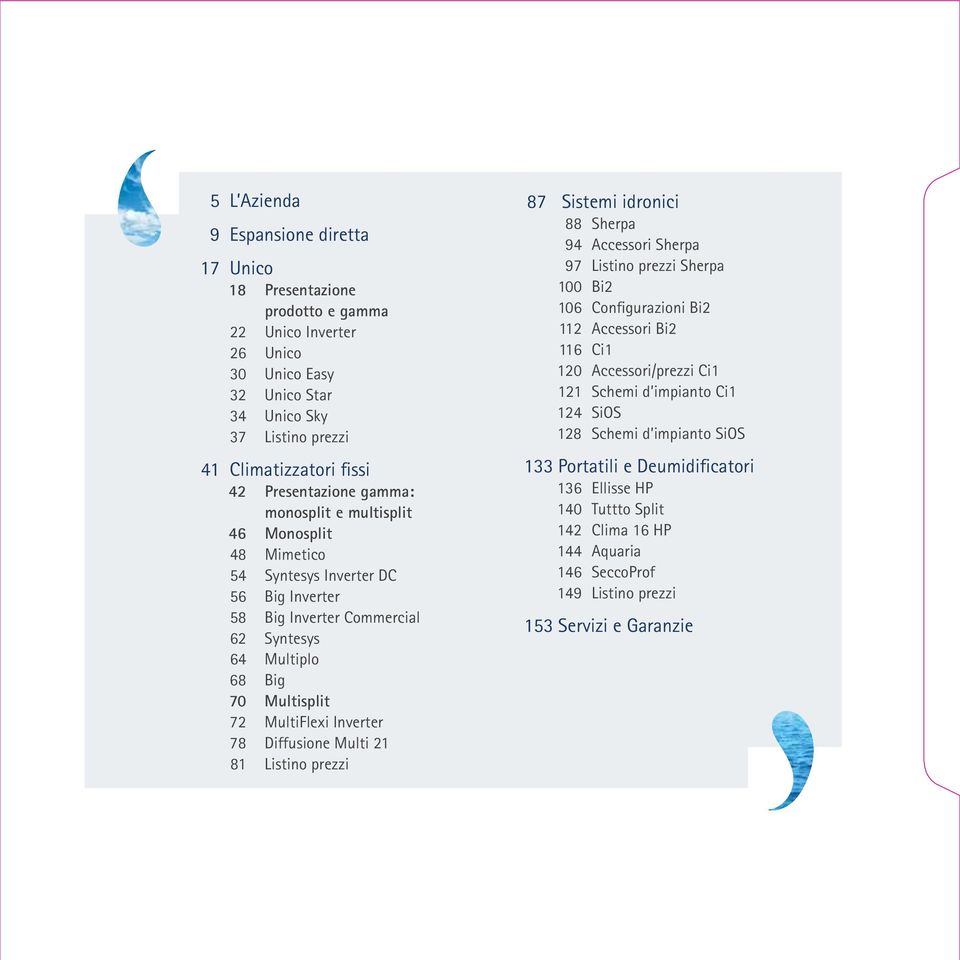 Inverter 78 Diffusione Multi 21 81 Listino prezzi 87 Sistemi idronici 88 Sherpa 94 Accessori Sherpa 97 Listino prezzi Sherpa 100 Bi2 106 Configurazioni Bi2 112 Accessori Bi2 116 Ci1 120