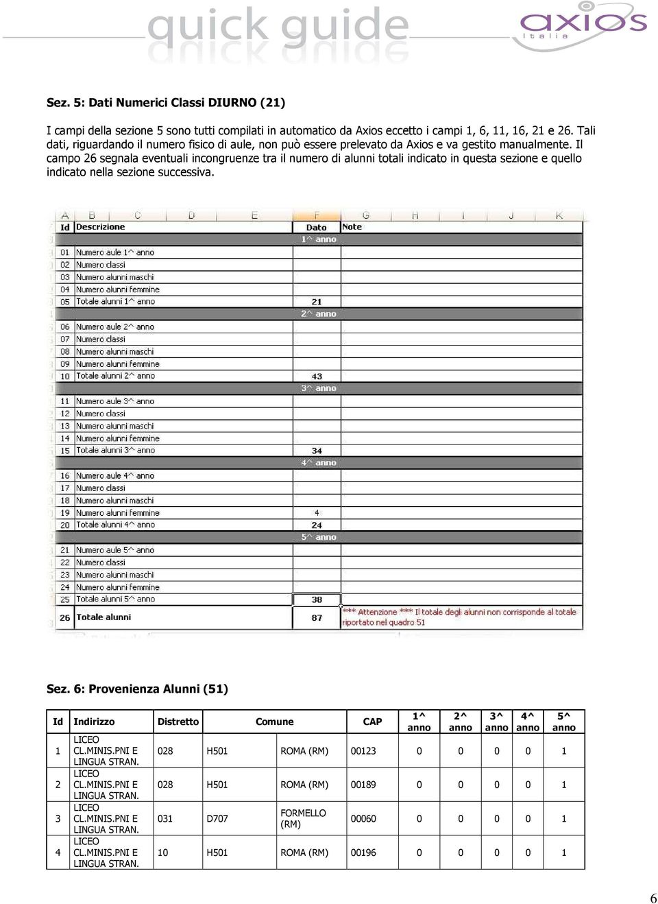 Il campo 26 segnala eventuali incongruenze tra il numero di alunni totali indicato in questa sezione e quello indicato nella sezione successiva. Sez.