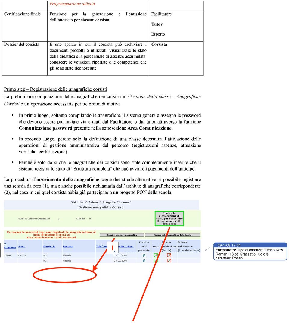 riconosciute Esperto Corsista Primo step Registrazione delle anagrafiche corsisti La preliminare compilazione delle anagrafiche dei corsisti in Gestione della classe Anagrafiche Corsisti è un