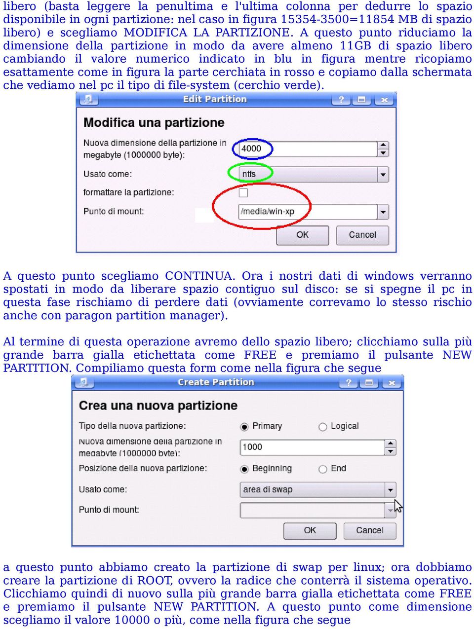 figura la parte cerchiata in rosso e copiamo dalla schermata che vediamo nel pc il tipo di file-system (cerchio verde). A questo punto scegliamo CONTINUA.