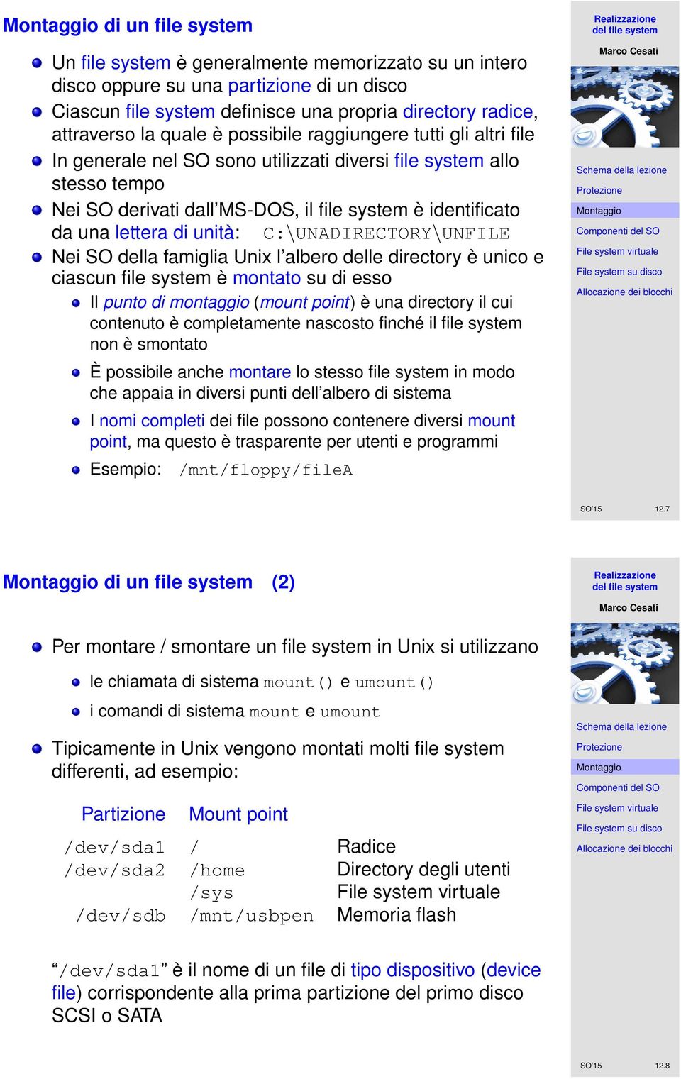 C:\UNADIRECTORY\UNFILE Nei SO della famiglia Unix l albero delle directory è unico e ciascun file system è montato su di esso Il punto di montaggio (mount point) è una directory il cui contenuto è