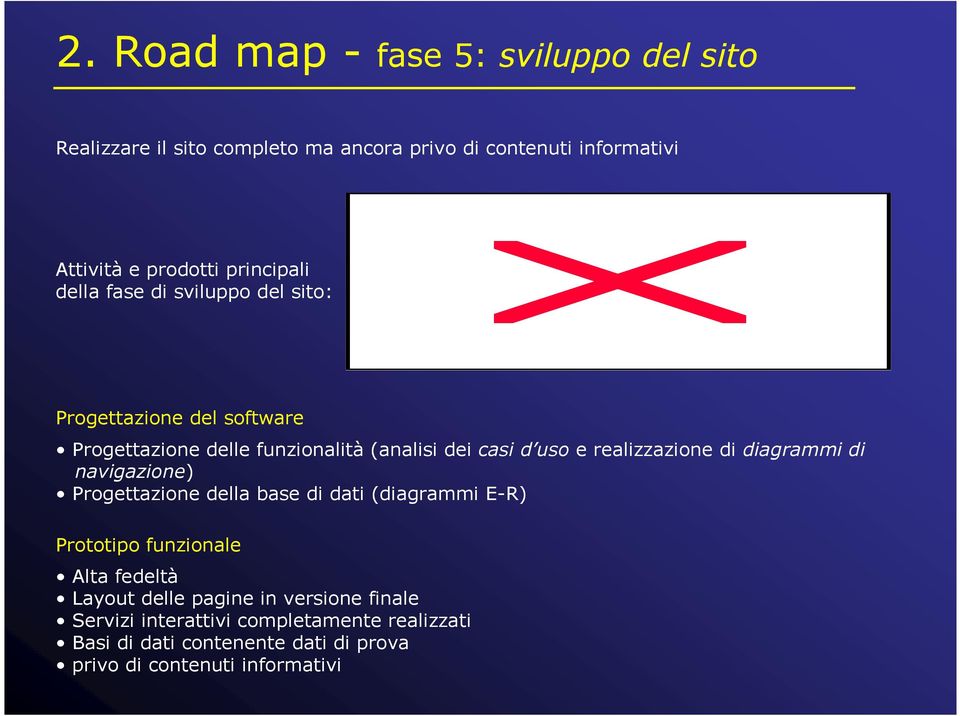 realizzazione di diagrammi di navigazione) Progettazione della base di dati (diagrammi E-R) Prototipo funzionale Alta fedeltà Layout