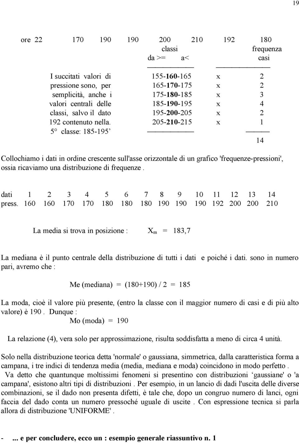 205-210-215 x 1 5 classe: 185-195 14 Collochiamo i dati in ordine crescente sull'asse orizzontale di un grafico 'frequenze-pressioni', ossia ricaviamo una distribuzione di frequenze.