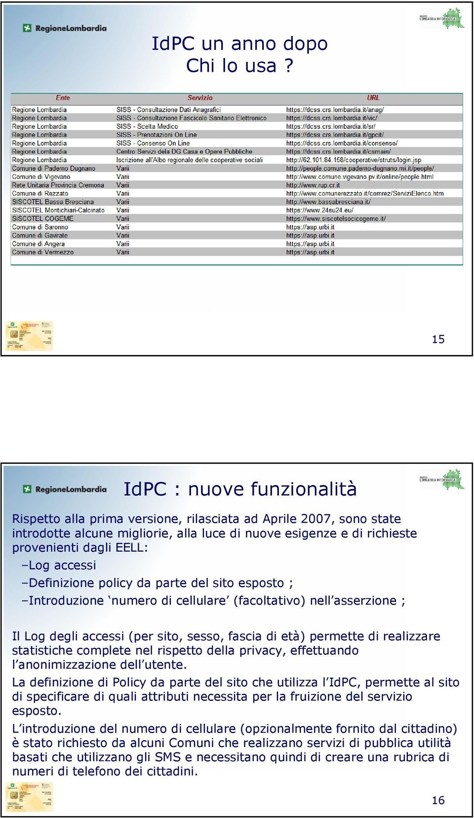 accessi Definizione policy da parte del sito esposto ; Introduzione numero di cellulare (facoltativo) nell asserzione ; Il Log degli accessi (per sito, sesso, fascia di età) permette di realizzare