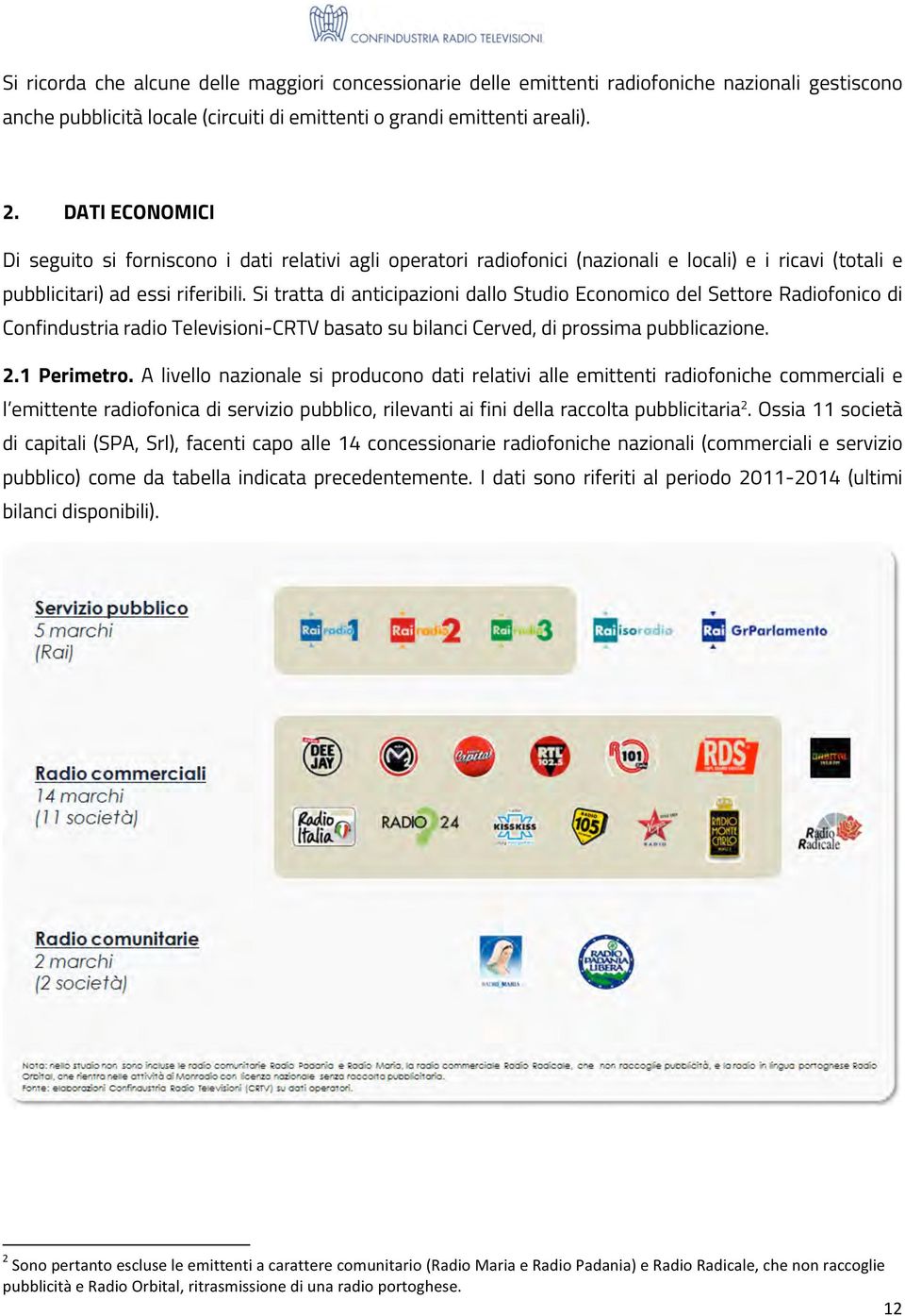 Si tratta di anticipazioni dallo Studio Economico del Settore Radiofonico di Confindustria radio Televisioni-CRTV basato su bilanci Cerved, di prossima pubblicazione. 2.1 Perimetro.