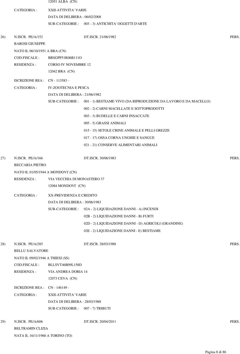 RIPRODUZIONE DA LAVORO E DA MACELLO) 002-2) CARNI MACELLATE E SOTTOPRODOTTI 003-3) BUDELLE E CARNI INSACCATE 005-5) GRASSI ANIMALI 015-15) SETOLE CRINE ANIMALE E PELLI GREZZE 017-17) OSSA CORNA