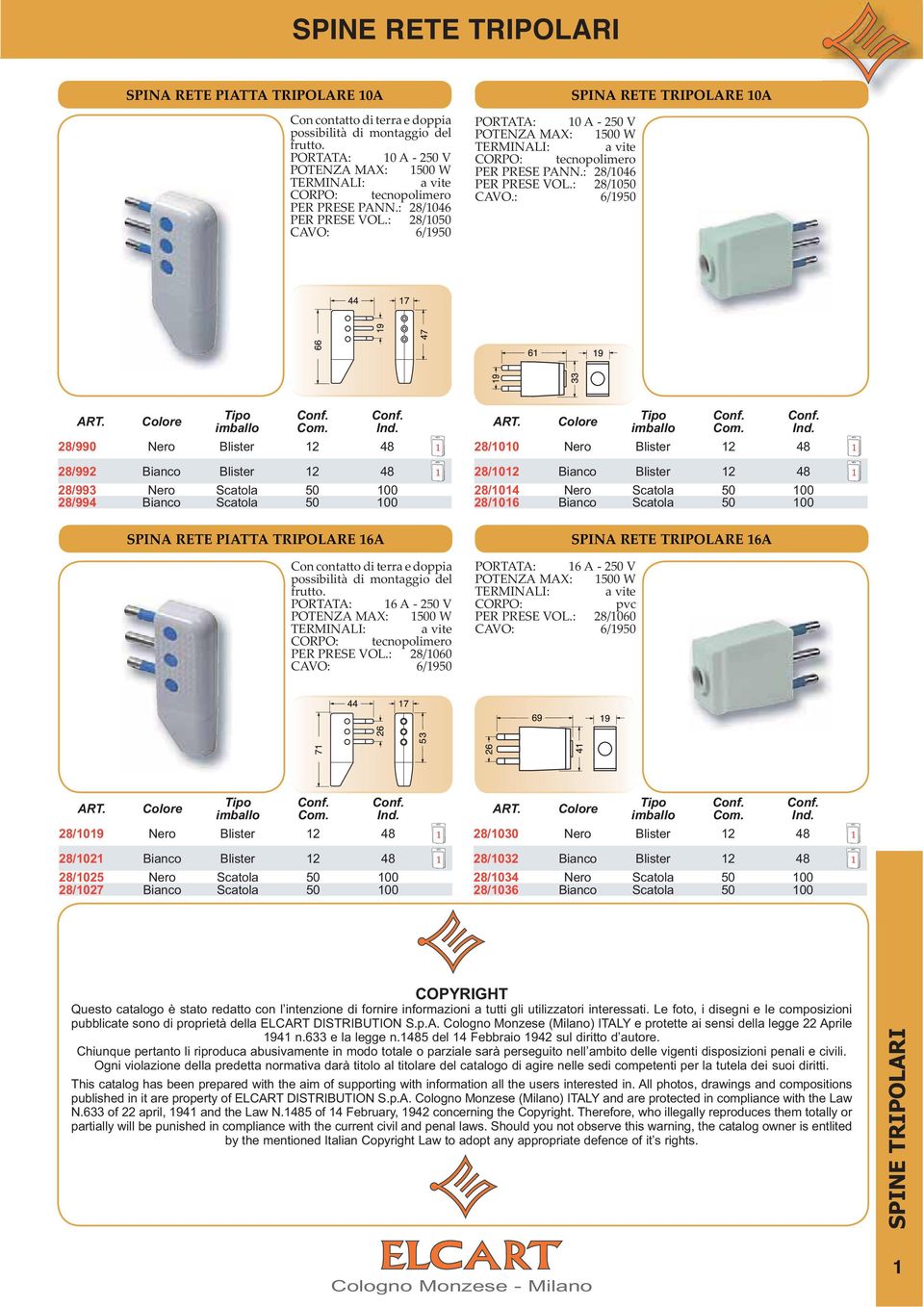 6/1950 10 A - 250 V TERMINALI: a vite tecnopolimero PER PRESE PANN.: 28/1046 PER PRESE VOL.: 28/1050 CAVO.