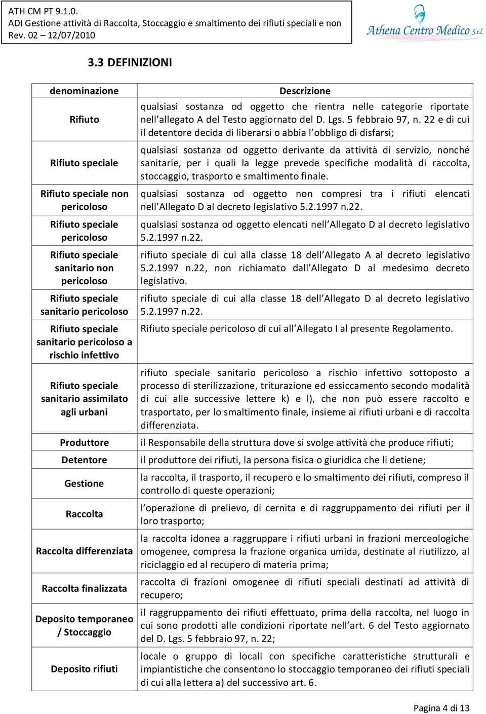 temporaneo / Stoccaggio Deposito rifiuti Descrizione qualsiasi sostanza od oggetto che rientra nelle categorie riportate nell allegato A del Testo aggiornato del D. Lgs. 5 febbraio 97, n.