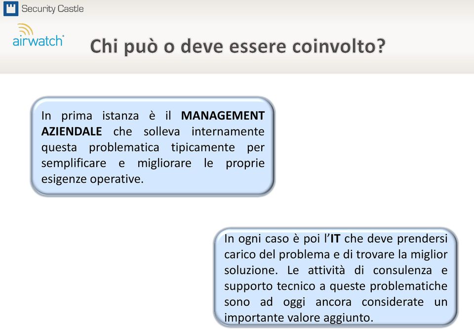 In ogni caso è poi l IT che deve prendersi carico del problema e di trovare la miglior soluzione.