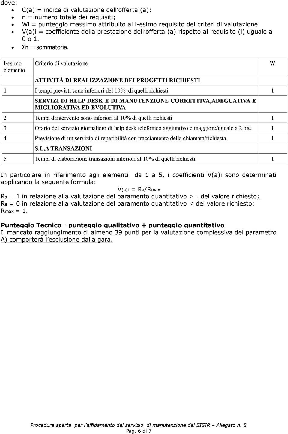 I-esimo elemento Criterio di valutazione ATTIVITÀ DI REALIZZAZIONE DEI PROGETTI RICHIESTI I tempi previsti sono inferiori del 0% di quelli richiesti SERVIZI DI HELP DESK E DI MANUTENZIONE