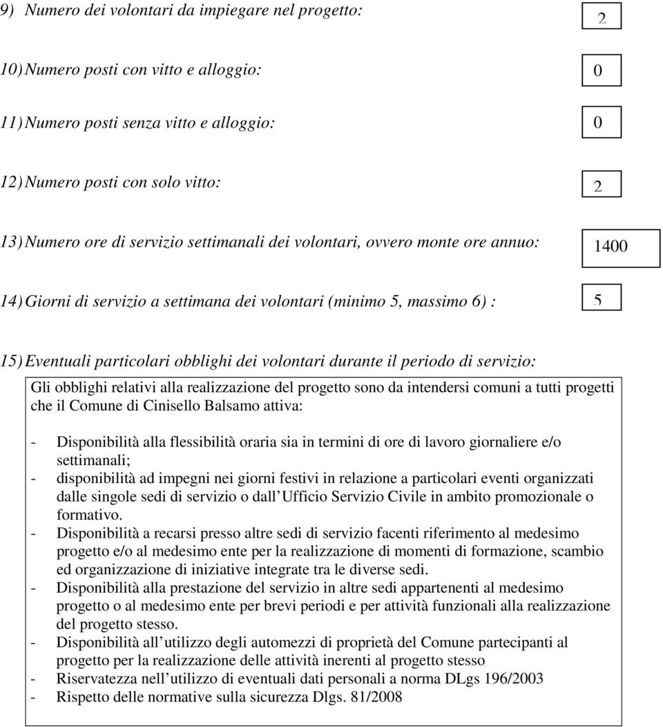 di servizio: Gli obblighi relativi alla realizzazione del progetto sono da intendersi comuni a tutti progetti che il Comune di Cinisello Balsamo attiva: - Disponibilità alla flessibilità oraria sia