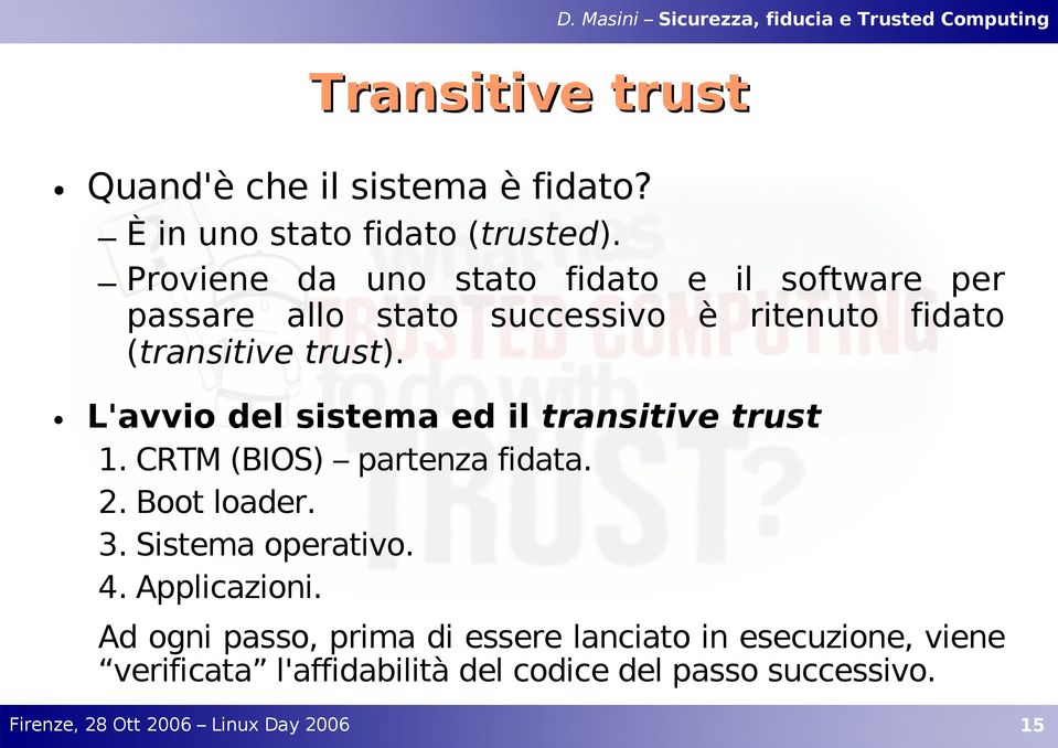 trust). L'avvio del sistema ed il transitive trust 1. CRTM (BIOS) partenza fidata. 2. Boot loader. 3.