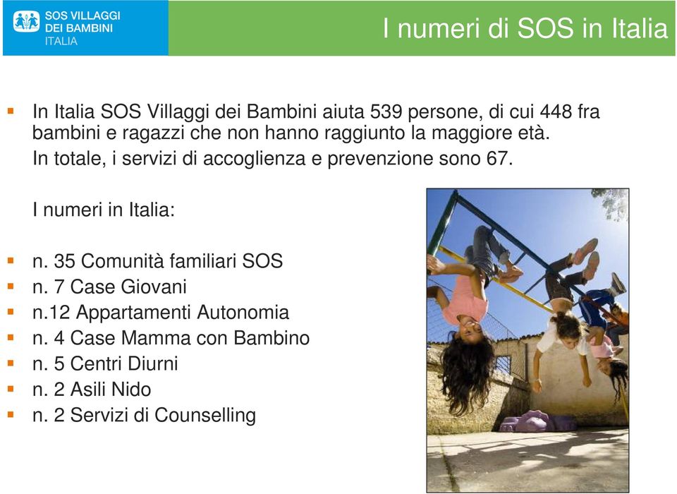 In totale, i servizi di accoglienza e prevenzione sono 67. I numeri in Italia: n.