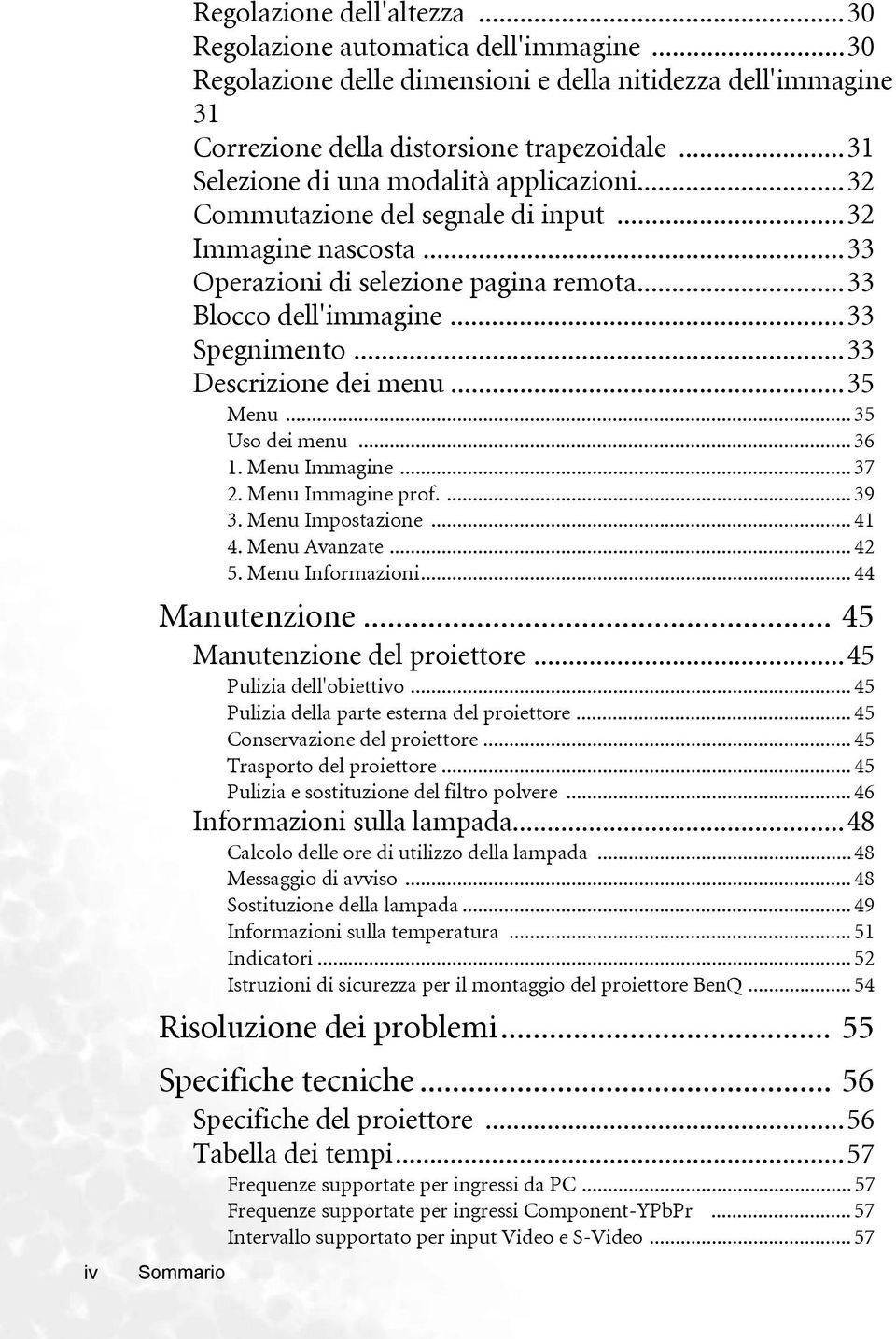 ..33 Descrizione dei menu...35 Menu... 35 Uso dei menu... 36 1. Menu Immagine... 37 2. Menu Immagine prof.... 39 3. Menu Impostazione... 41 4. Menu Avanzate... 42 5. Menu Informazioni.