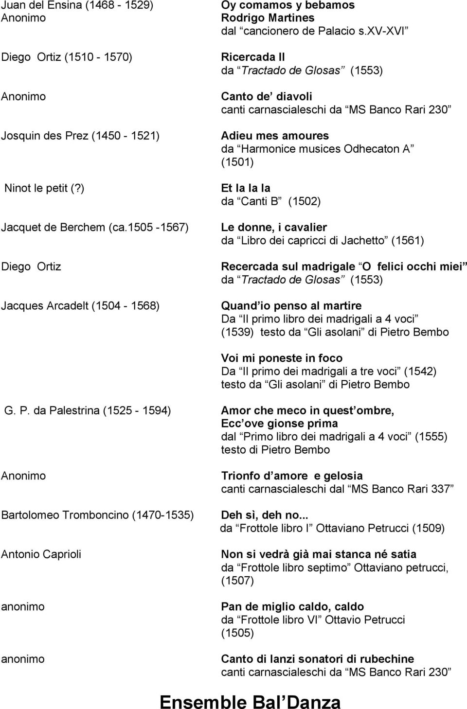 xv-xvi Ricercada II da Tractado de Glosas (1553) Canto de diavoli canti carnascialeschi da MS Banco Rari 230 Adieu mes amoures da Harmonice musices Odhecaton A (1501) Et la la la da Canti B (1502) Le
