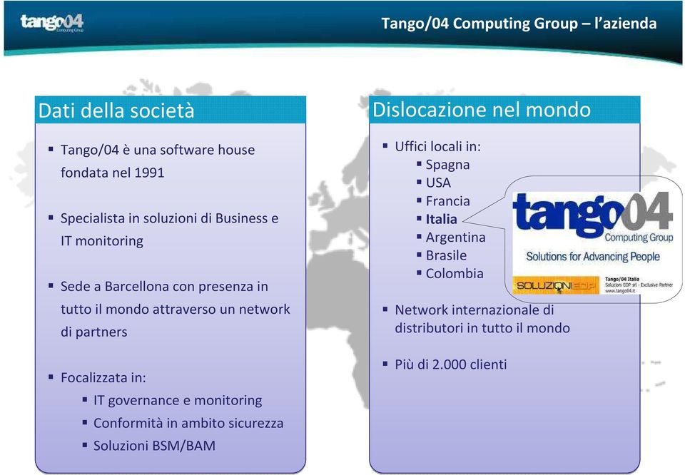 Focalizzatain: IT governance e monitoring Conformità in ambito sicurezza Soluzioni BSM/BAM Dislocazione nel mondo Uffici