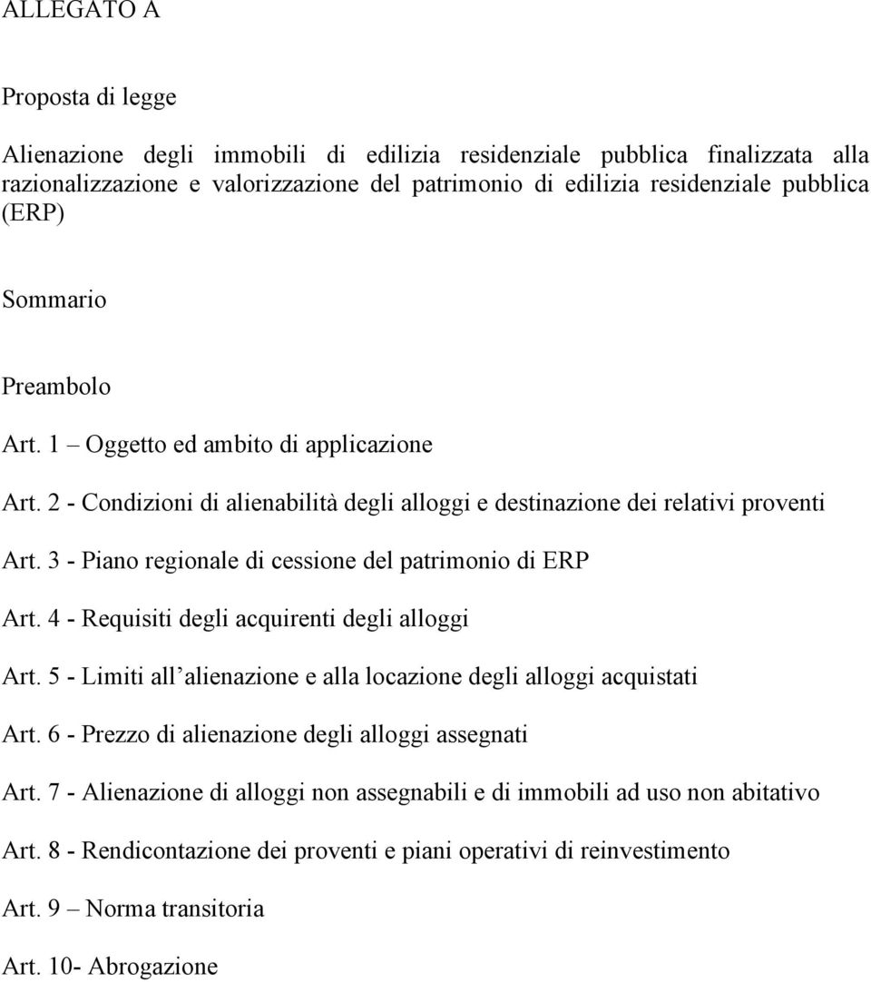 3 - Piano regionale di cessione del patrimonio di ERP Art. 4 - Requisiti degli acquirenti degli alloggi Art. 5 - Limiti all alienazione e alla locazione degli alloggi acquistati Art.