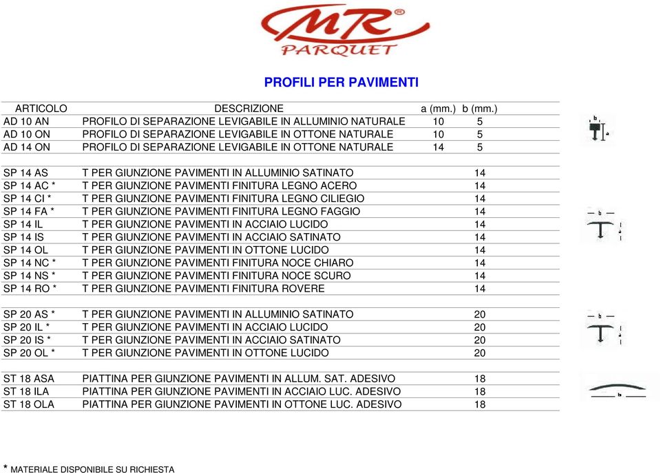FINITURA LEGNO CILIEGIO 14 SP 14 FA * T PER GIUNZIONE PAVIMENTI FINITURA LEGNO FAGGIO 14 SP 14 IL T PER GIUNZIONE PAVIMENTI IN ACCIAIO LUCIDO 14 SP 14 IS T PER GIUNZIONE PAVIMENTI IN ACCIAIO SATINATO