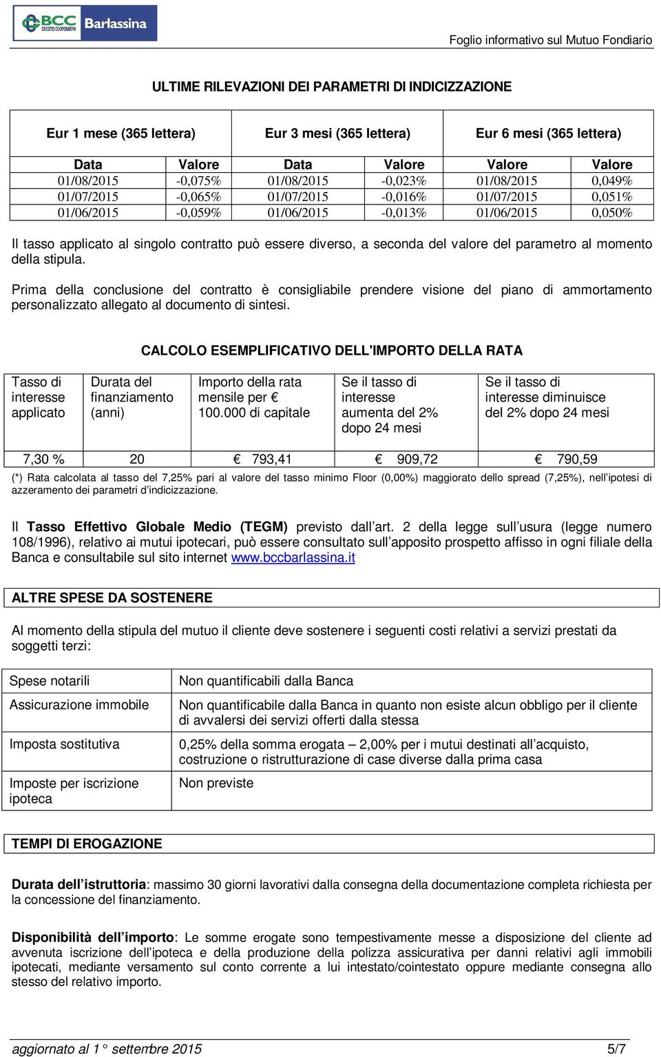 valore del parametro al momento della stipula. Prima della conclusione del contratto è consigliabile prendere visione del piano di ammortamento personalizzato allegato al documento di sintesi.