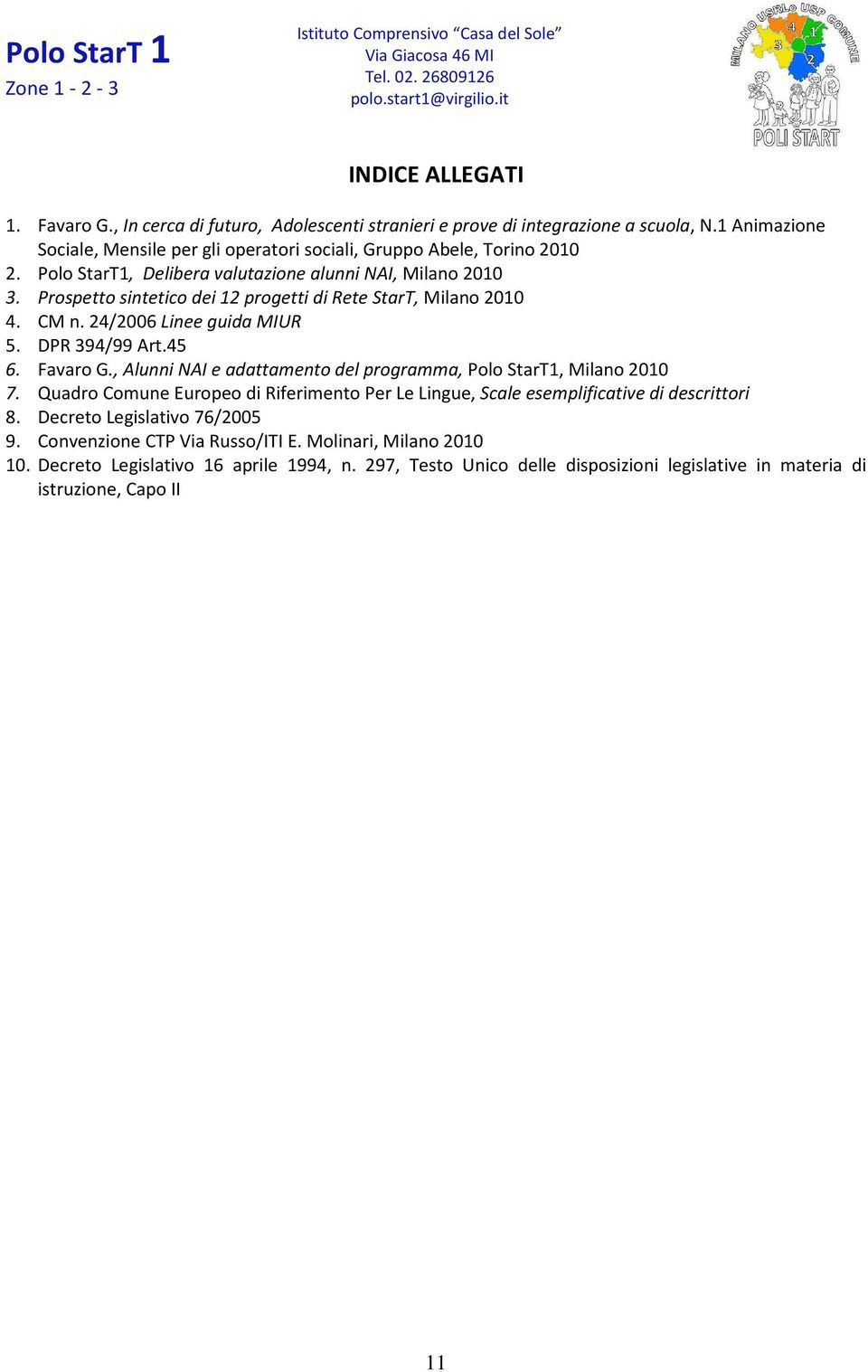 Prospetto sintetico dei 12 progetti di Rete StarT, Milano 2010 4. CM n. 24/2006 Linee guida MIUR 5. DPR 394/99 Art.45 6. Favaro G.
